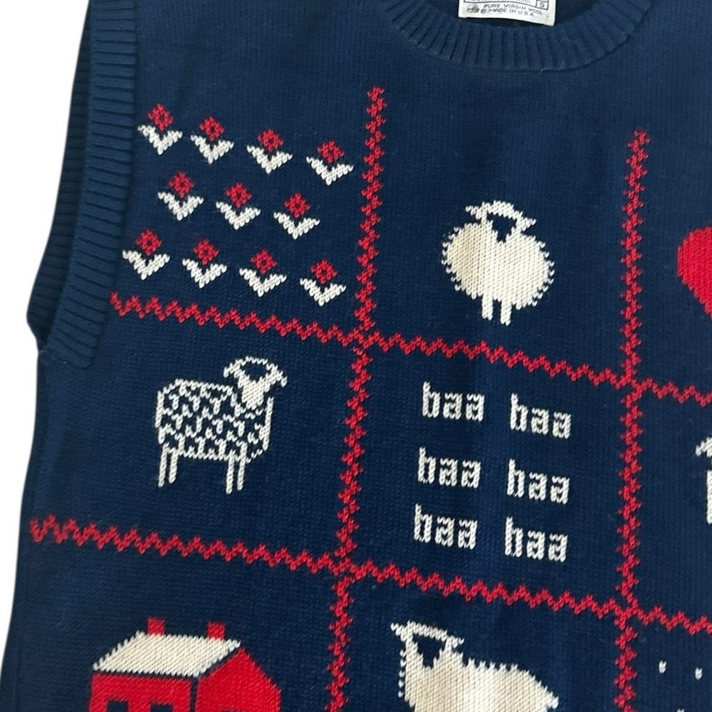 VTG 80s Pendleton Baa Baa baa Sheep Tic Tac Toe Wool Sweater Vest Navy Small - Picture 5 of 11